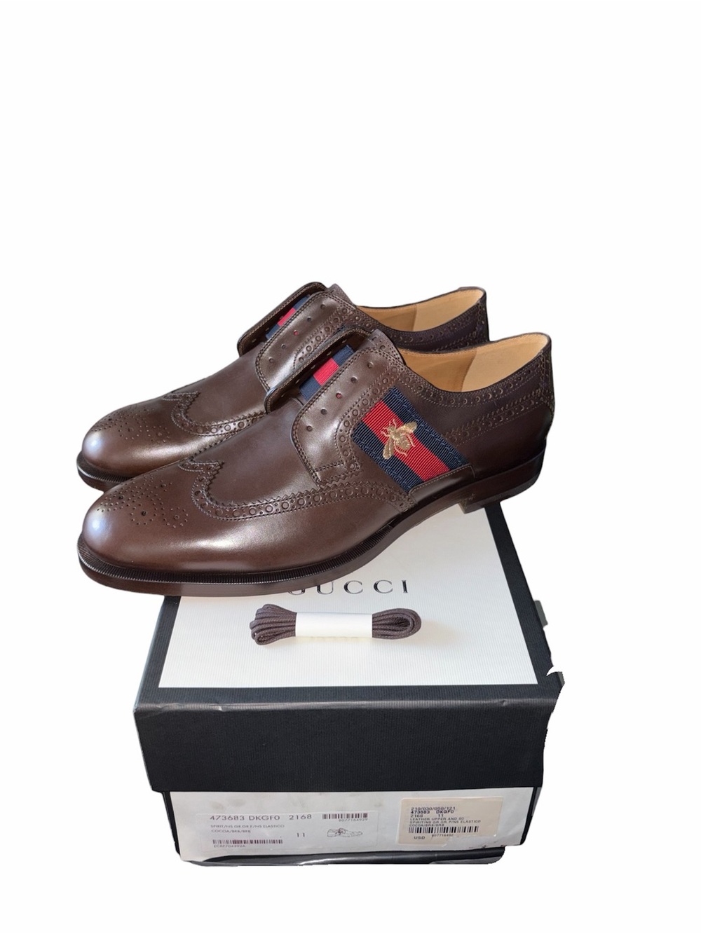Gucci Dark Brown Leather Wingtip Slip-On Loafers with Red & Blue Web size 11